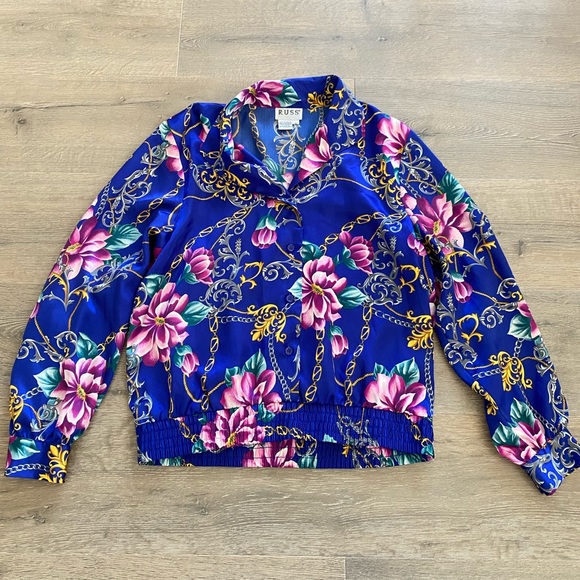 Russ Vintage 80s/90s Silky Floral Printed Long Sleeve Button Down Blouse Top - Picture 1 of 11
